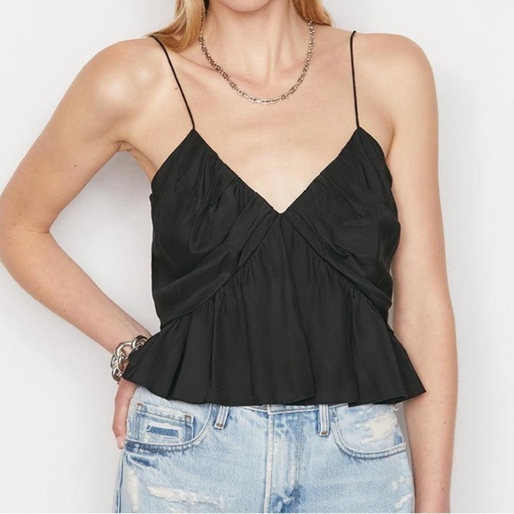 Frame Denim Tops - NEW FRAME Shirred Flounce V Neck Tank in Nior Black 100% Silk Ruffle Sz XL